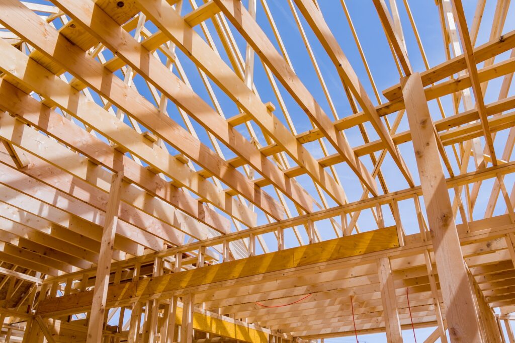 Wood roof trusses constructed with beams timber